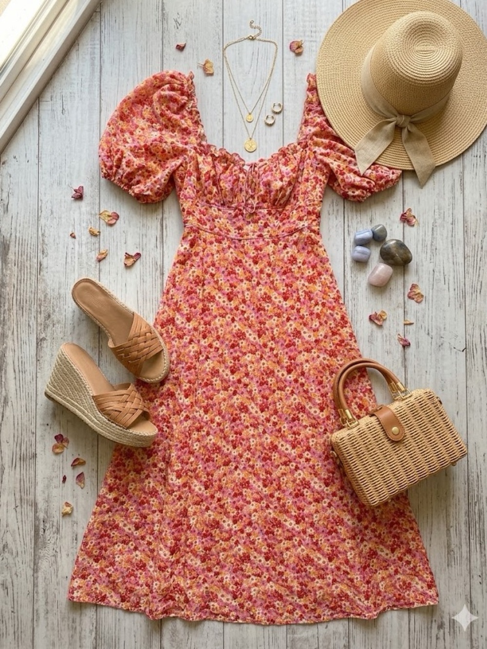 For Love & Lemons Pink Floral Puff-Sleeve Midi Dress